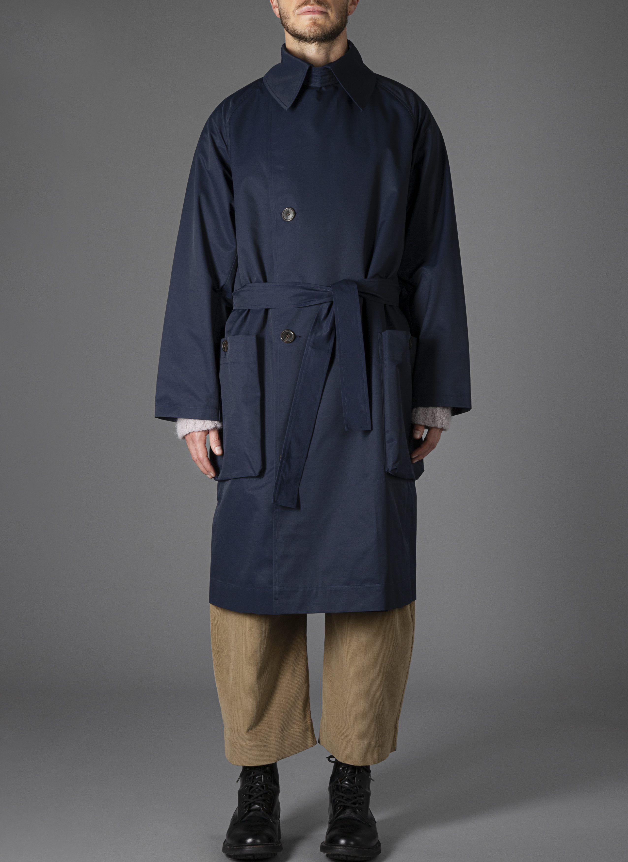 PEAKED LAPEL TRENCH COAT IN MIDNIGHT BLUE - GREI New York