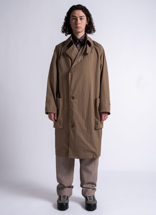 PEAKED LAPEL TRENCH COAT IN DARK KHAKI NYLON TWILL